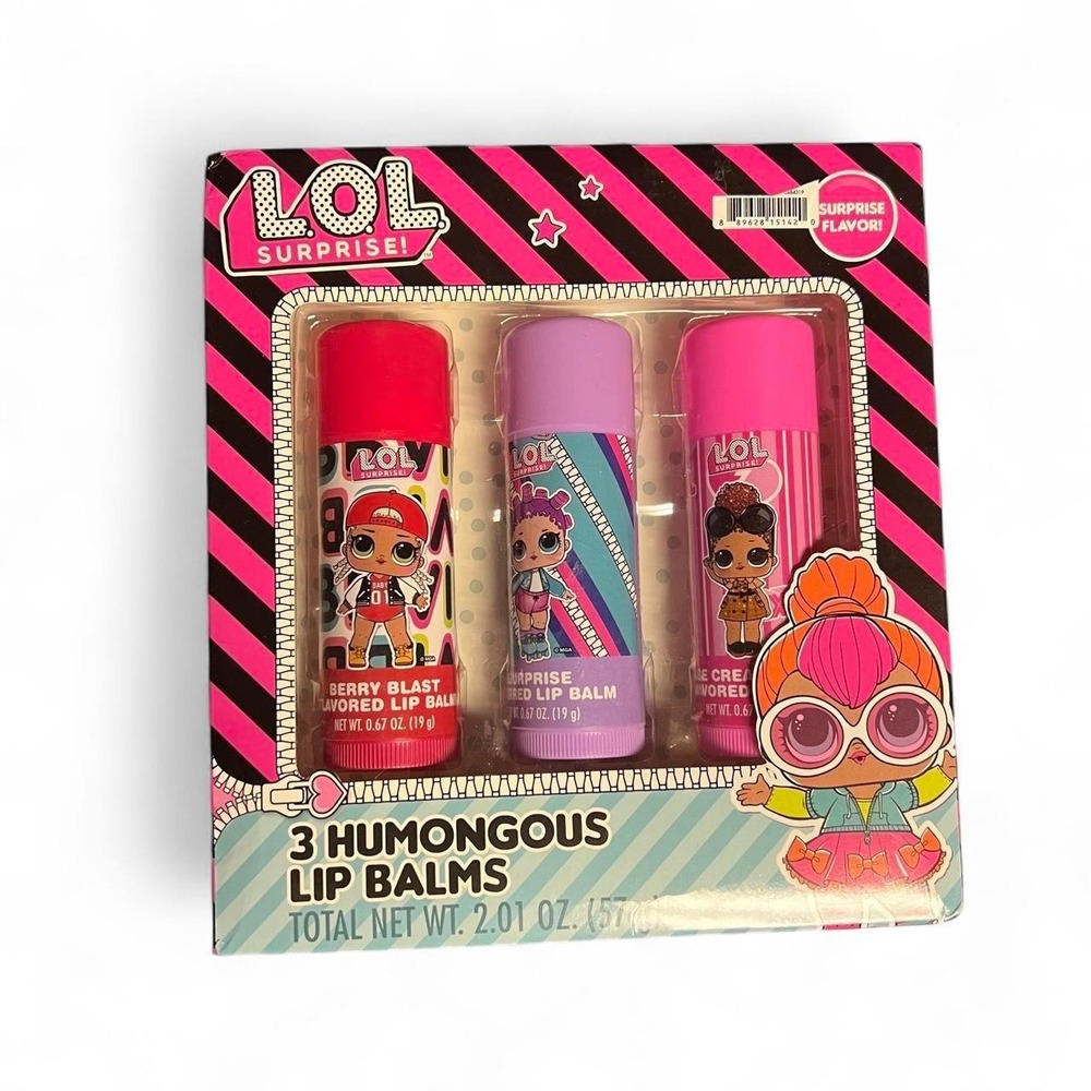 LOL Surprise 3 Humongous Lip Balms Set Flavored Moisturizing Kids Gift